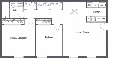 Floor plan for 2 beds, 1 bath, 900 sqft